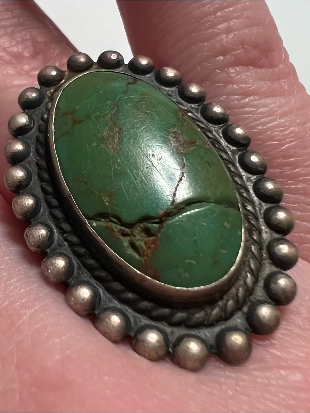 925 Sterling Silver Oval Green Turquoise Bezel Set Southwestern Ring Size 6.5